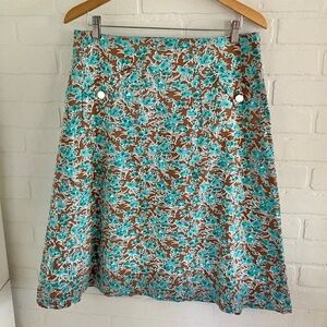 Vintage Handmade Midi Skirt Floral Print Tan/turquoise Cotton A line pockets M